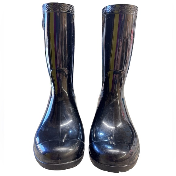 UGG Black Glossy Mid Rain Boots Fleece Lined Pre-Loved - Picture 7 of 13